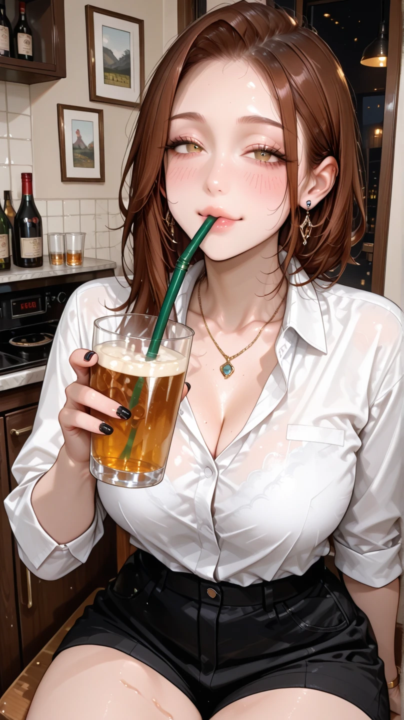 A fifty-something Asian woman wearing a white shirt and gray skirt holding a glass of orange juice, Yoshitomo Nara, Chiho, Beasts, with a drink, Young and cute gravure idol, shikamimi, realistic Young Gravure Idol, kotegawa yui, Young Gravure Idol, sakimichan