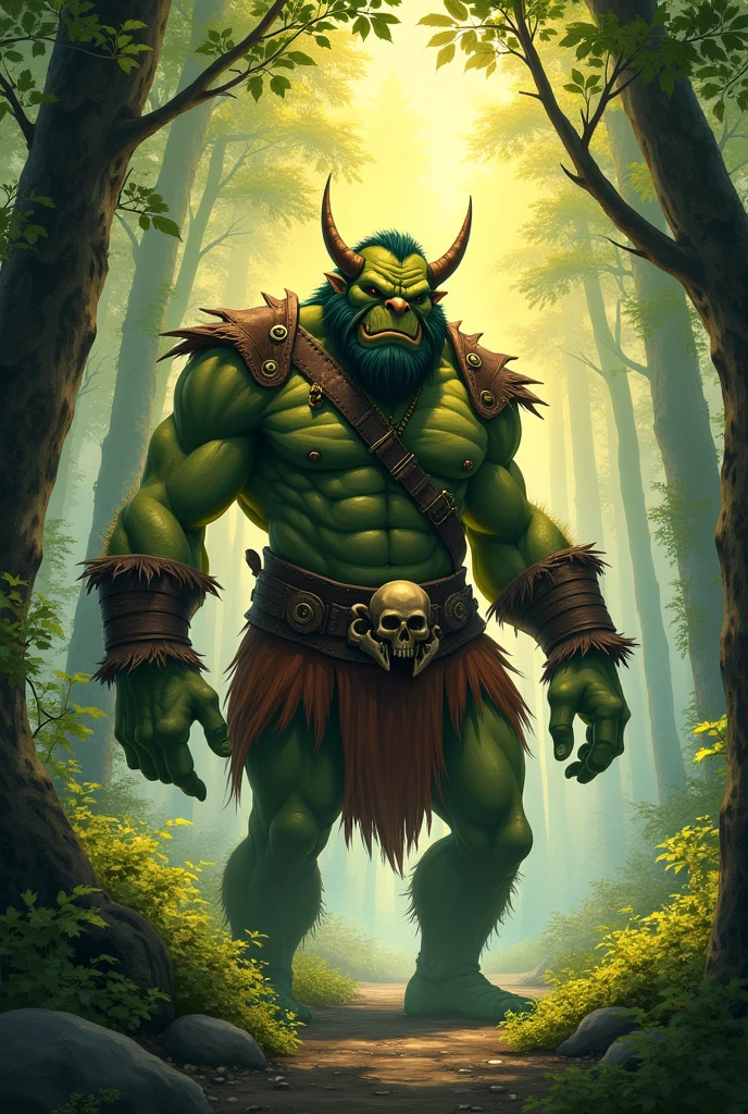 very Short and potbellied pregnant ugly green monster with little tiny horns wearing a loincloth, holding a wooden shield and a hammer, meadow background
