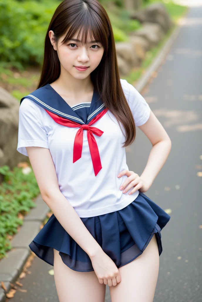 nsfw, whole body, Young woman, Sailor suit, (((Primary school students))), Twin tails, (((Children&#39;s pants))), Panty shot, indoor, basement