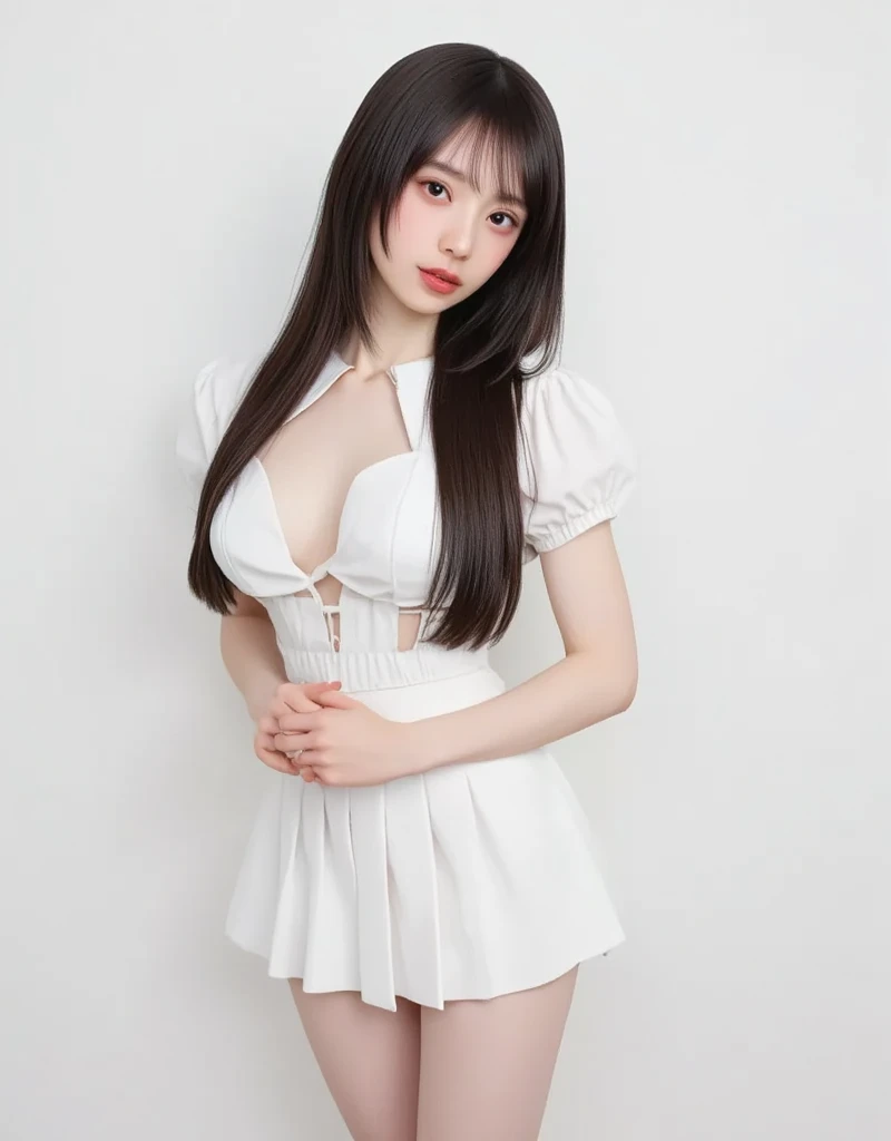 Black hair straight、Spread your legs、High resolution, Lying on your back、Big Breasts、White pants、Pleated mini skirt、Topless