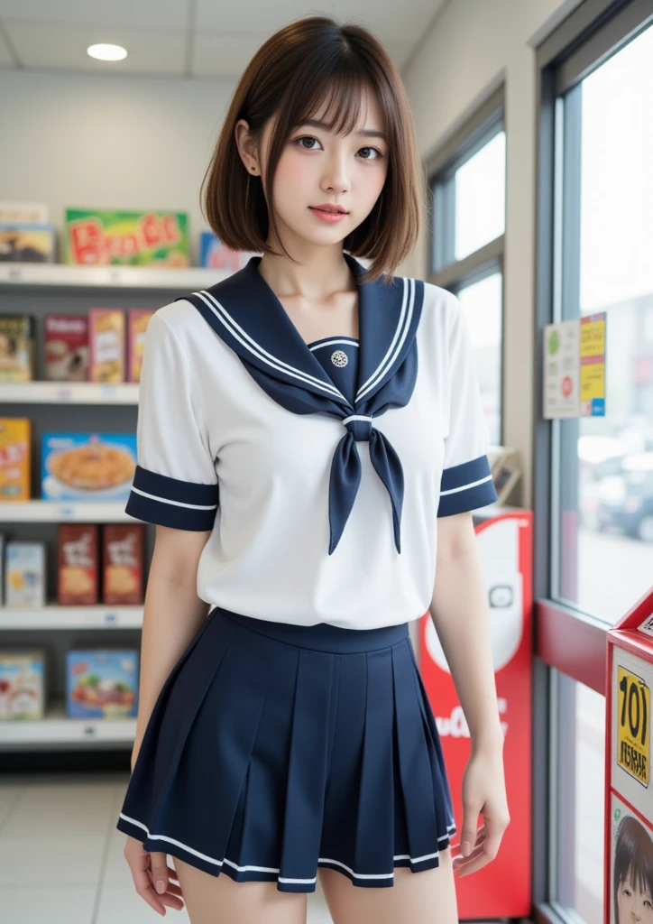 8K、Raw photography。top-quality、hightquality、Extreme Detail Photography、Eye for extreme detail、Super Detail Face、Hair in super detail、Super detail body、(Photography Lighting:1.3)、1girl in、The face is about 20 years old.、Puffy eyes、big eye、Eyes in good shape。Brown-eyed、dark brown short hair、good lips、Small lips、(Medium chest:1.3)、good breasts、Natural makeup、a sailor suit、roll up the skirt、crouching down、Open your crotch、panties on、My crotch panties are wet with white liquid、1girl in, Japanese, Raw photo, Best Quality, masutepiece, ultra-detailliert, 超A high resolution, Realistic, bed,(masterpiece:1.3), (8K, Photorealsitic, Raw photography, Top image quality: 1.4), japanes, (1girl in), beauitful face, (Lifelike face), (A dark-haired, short-hair:1.3), Beautiful hairstyle, realisticeyes, Eyes in Beautiful Details, (real looking skin), Beautiful skins, enticing, 超A high resolution, A hyper-realistic, high detailing, the golden ratio, (Detal Face:1.2), see the beholder,A smile,opened white shirt,middlebreasts,is standing,put hands on the hip、hard 、Pubic hair sticking out of your pants、Pubic hair is visible、bristle、hard、hard