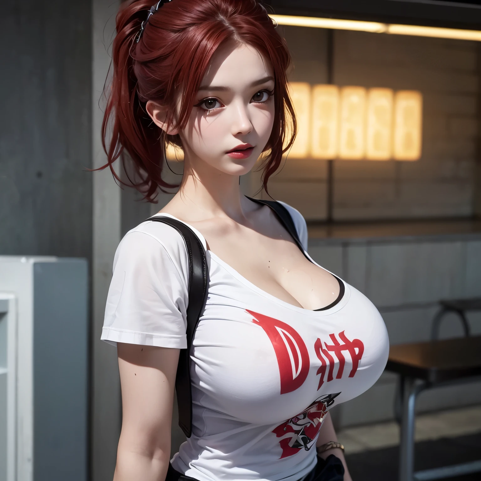 Masterpiece: 1.2, Best Quality), Realism, (Real Pictures, Intricate Details, Depth of Field), (1girl, Solo), Makeup, Lips Apart, High Detail, Perfect Face, (Huge Breasts: 1.4), (Skindentation), ((Slender Legs)), Wide Buttocks, Thin Waist, Tall, Coral Lips, Long Hair, Dark Eyes, ((Haruko Akagi, Red Basketball Suit, Denim Shorts)), (Sweating: 1.2), (Wet), Sexy, Blushing,
