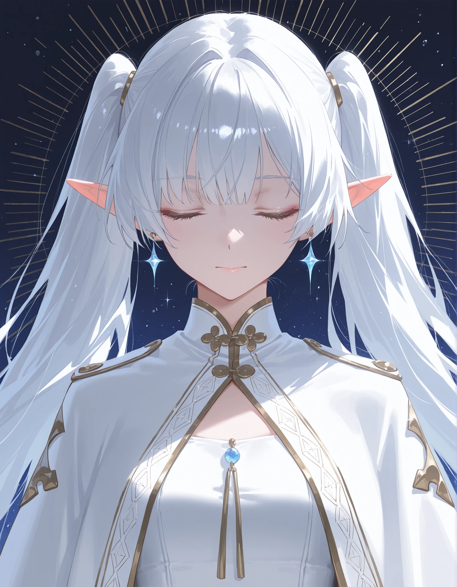 (Artist:human_mame:0.7),(Artist: Reoen :0.85),(nauseous:0.3),(wanke:0.4),( Modare :0.6),(WLOP:0.6),(King_(sanbonzakura):0.4),
1girl, pointy ears, Freeze, Elf, Alone, twintails, jewelry, closed eyes, earrings, SPARKLE, Capelet, white Capelet, long hair, white hair, closed mouth, parted bangs, upper body, facing viewer 
,,,masterpiece, best quality, newest, masterpiece, best quality, very aesthetic, highres, highres, absurdres