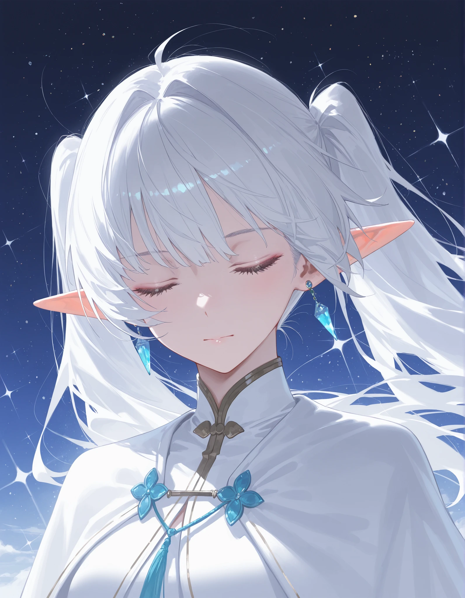 (Artist:human_mame:0.7),(Artist: Reoen :0.85),(nauseous:0.3),(wanke:0.4),( Modare :0.6),(WLOP:0.6),(King_(sanbonzakura):0.4),
1girl, pointy ears, Freeze, Elf, Alone, twintails, jewelry, closed eyes, earrings, SPARKLE, Capelet, white Capelet, long hair, white hair, closed mouth, parted bangs, upper body, facing viewer
,,,masterpiece, best quality, newest, masterpiece, best quality, very aesthetic, highres, highres, absurdres