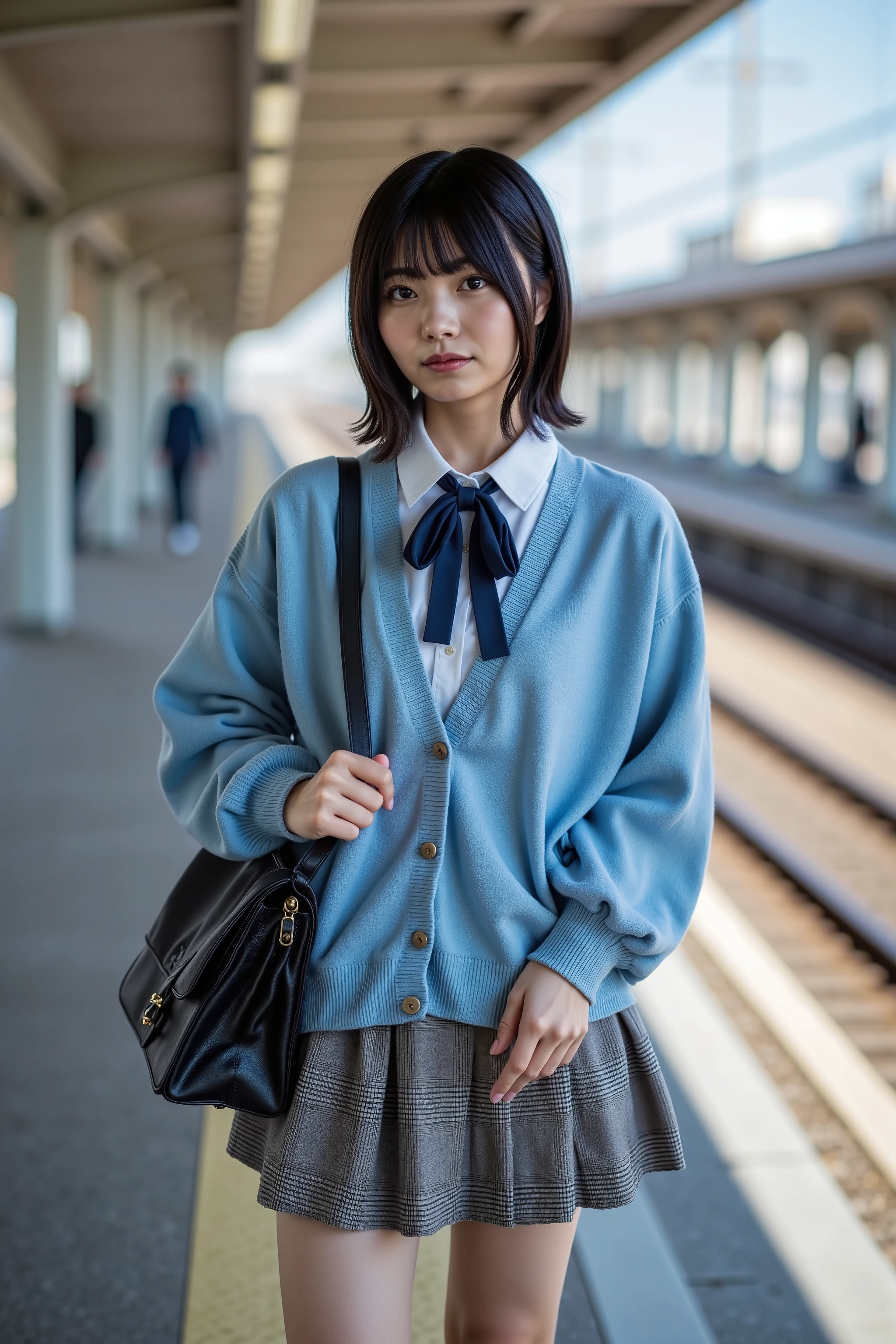 a high resolution photograph of a Japanese young woman, (photo-realistic, realistic, masterpiece, best quality), Intricate details, extremely detailed, ultra high definition, 8k, film grain, lens flare glow, sharp focus, professional lighting, fashion shoot, solo, 1girl, (school uniform, sky-blue cardigan unbuttoned, white collared shirt, indigo ribbon-tie, grey plaid pleated mini-skirt, white loose socks, black loafers, black school shoulder-bag), profile, upper body, pale skin, bob cut glossy hair with bangs, detailed face, detailed eyes, sophisticated nose, seductive lips, sensual face, detailed hands, detailed fingers, anatomically correct proportion, outdoors, train platform, suburban, [tokyu-tamagawa-line]