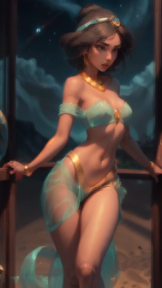 ((aeolian)), ung)) girl with a beautiful face and green eyes, slim body, Princess, full body view, wearing a white gown, no underwear, very long black hair, fantasy castle landscape, wearing high heels, slim body, small breasts, naked, smiling, view from behind, bare butt, leaning forward