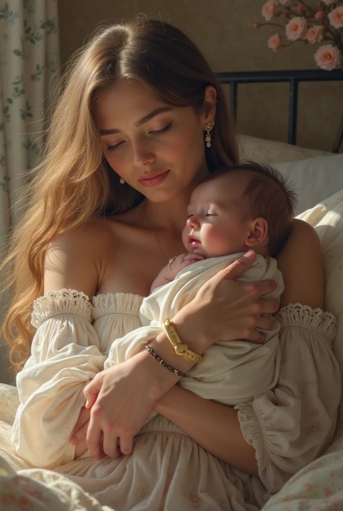 A blonde mother holding a baby girl with a blonde hair in her bed with an ancient fancy bedroom 
