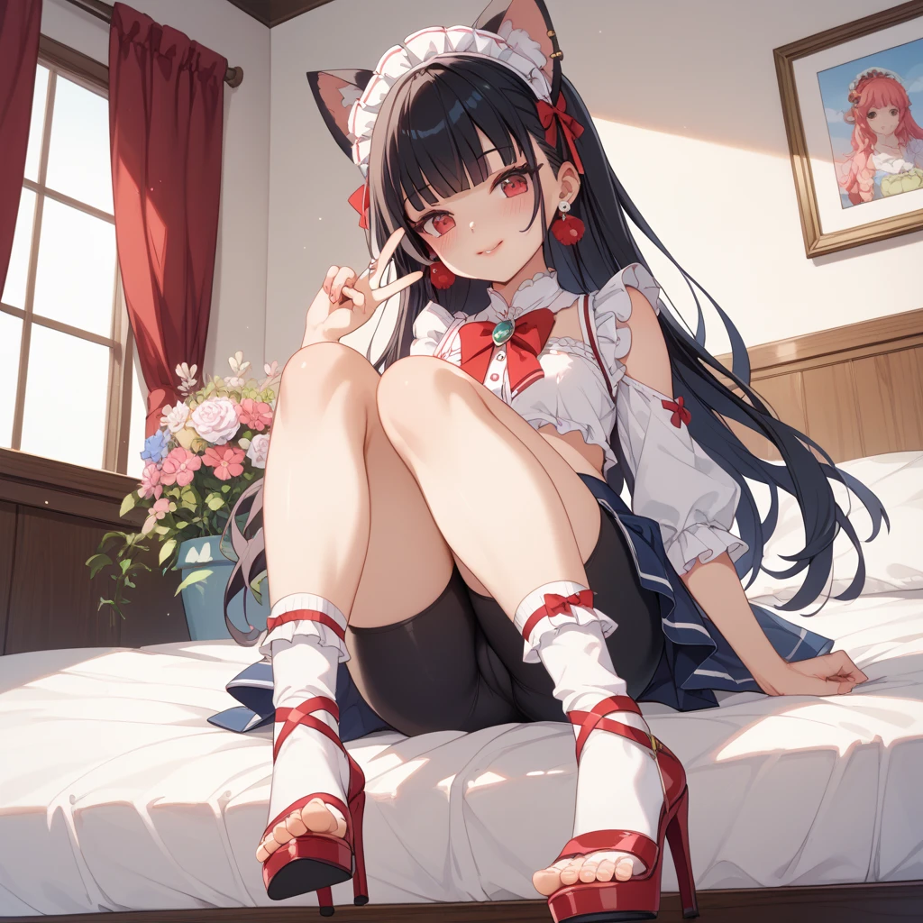 solo dance,Lolita, Long blue hair, White cat ears, red inside cat ears, a huge red bow from neck to chest, blue pea eyebrows, strapless suspenders, Red eyes, Flat chest, loli , with very large round yellow bells hanging under each ear,One Man,lingeries,laying on bed,Overlooking,A full body,The action is two hands touching the chest,He grabbed his own breast with his hand,Lie flat,Hands grasp chest,no underwears,With his legs wide open,Legs open,No panties,naked leg