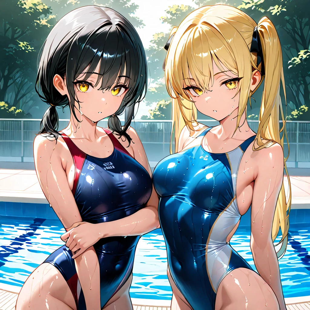 2人の女の子(,young girl ,short stature,gyaru)) ,flat chest,nsfw,plump,one-piece-swimsuit,big head、evilsmiling,black hair,long hair,bobcut.cute pose,