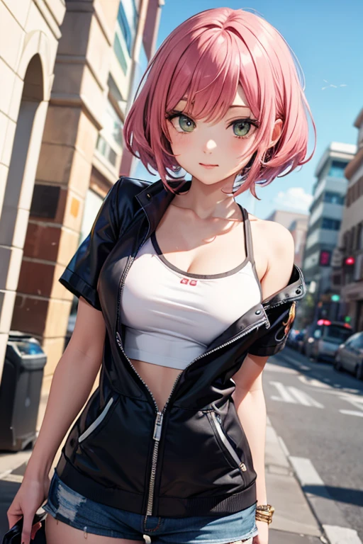 (Masterpiece, BestQuality:1.3), (ultra detailed:1.2), (hyperrealistic:1.3), (RAW photo:1.2), High detail RAW color photo, professional photograph, (Photorealistic:1.4), (realistic:1.4), professional lighting, perfect anatomy, (Big Breasts, (The underboob is visible:1.3):1.5), (blush, detailed face), (cheerful Smile:1.5), (Pink Hair:1.5), Trending Hair&Trending Hairカラーをランダムに, earrings, necklace, bracelet, sexly, erotic sexly, Random sexy gravure poses, (Sexy beauty in a black leather jacket and mini skirt、Inside the factory、Cool look、short hair、Leaning against the wall pose。: 1.3)