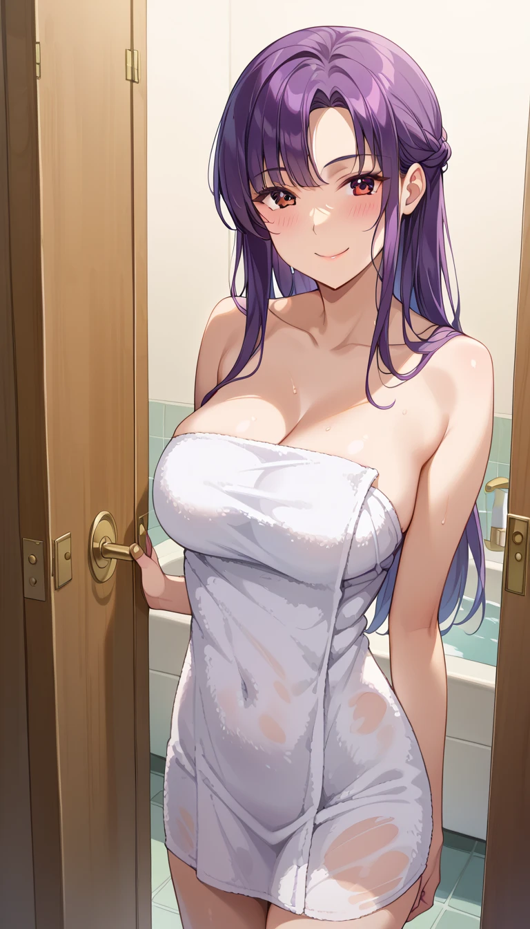 Anime girl with long light purple hair, standing in the bathroom in a bath towel, epic mage girl character, dark witch character,