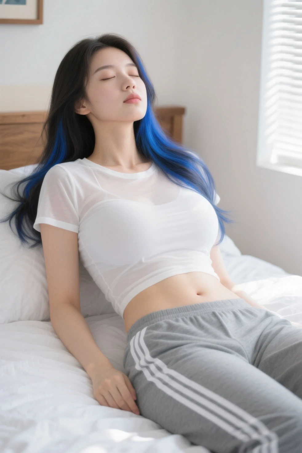 qualidade de obra-prima，8K quality，Cinematic footage，Sleeping girl，18 years old，ssmile，realisticlying，She wears white pantyhose，Wear white pajamas，The skin of the breasts is exposed in the middle of the pajamas，Inadvertently showing the navel，Blue-gray hair，Perfect and refined look，Slender and well-proportioned thighs，hands on head