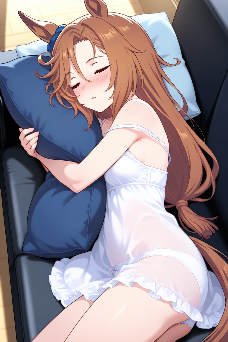 Ultra detail, Beautiful girl with a small face、((Crawl at night))、cute underwear、crisp breasts、((Girl being touched by men))、(((Sleeping girl、Both eyes are closed)))、Wear white lace panties with open legs