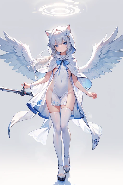 menina do anjo, asas grandes, corpo pequeno, corpo inteiro, pele branca, cabelos brancos, olho azul