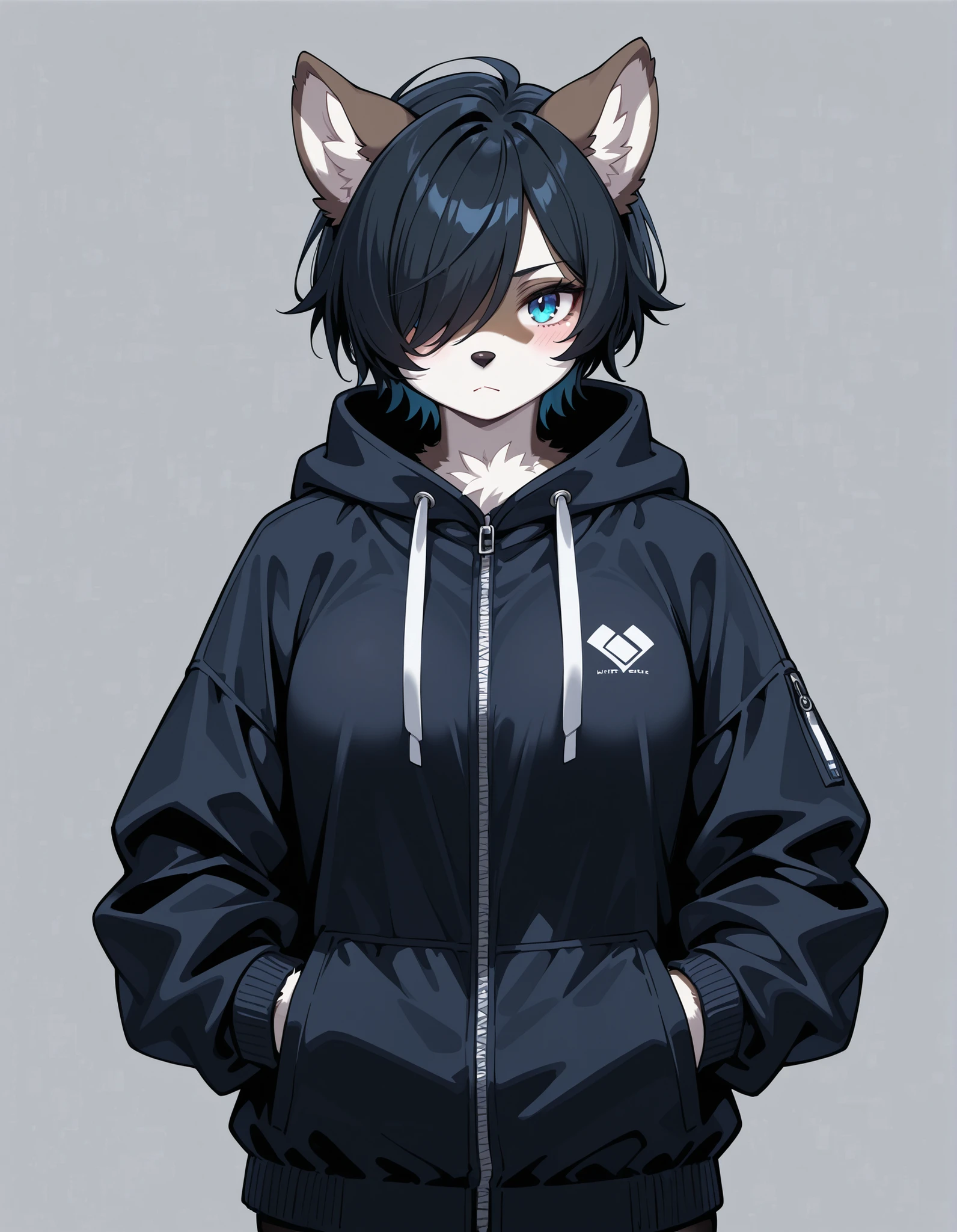 masterpiece, hyper detailed, best quality,(furry:1.3),solo, blue eyes, 1girl, looking at viewer, hood, closed mouth, short hair, grey background, black hair, hair over one eye, jacket  ,