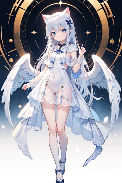 (((Masterpiece))), (((Beautiful Light))), Anime Girl, 1girl, Young, Short Height, Flat Chest, Solo, Wings, Long Hair, Dress, Blue Eyes, White Dress, Priestess Dress, Cape, White Hair, White Pantyhose, Feather Wings, Watching People, Very Long Hair, White Wings, Bangs, Gradient Hair