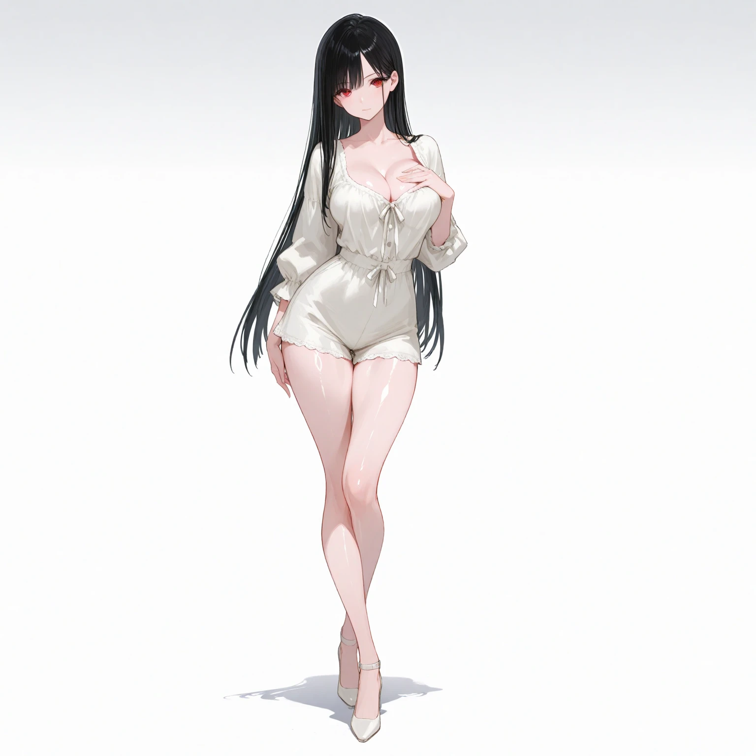 Detail image, realistic image, 1 elf. smiling. She has medium long brown hair which has strands of hair hanging over the right side of her face, large blue eyes and a delicate oval face, small breasts and a slim, curvy figure. She is wearing an off-shoulder sweater, pleated mini skirt. thin thong. sneakers. Full body view. Black background, Uniform background. Ambient light. Volumetric Light