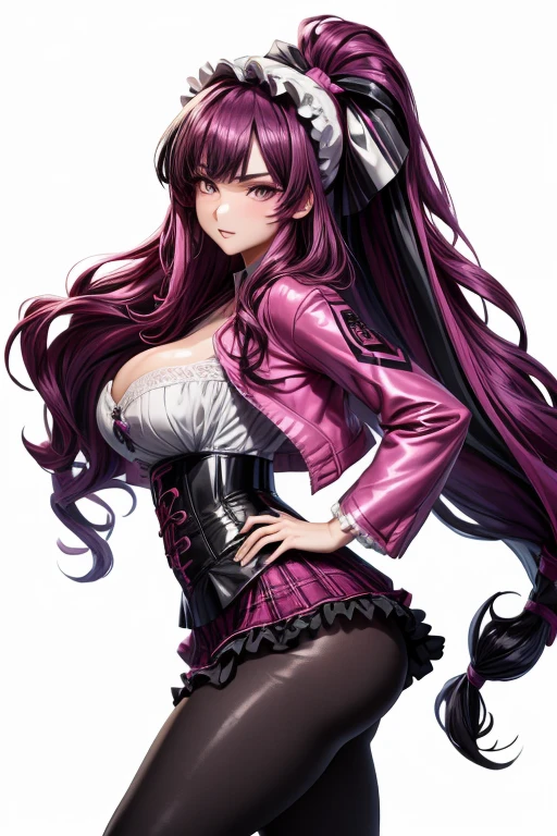 Magenta hair, brown eyes, older woman, long thick hair, hair ornaments, happy, cat ears, sexy uniform outfit, pink and green backgrounds, pose, abstract background, fantasy outfits