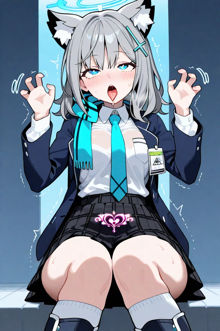 NSFW,masterpiece,Highest quality,High resolution,Super detailed,Shiroko \(Blue Archive\)、blue eyes、Grey Hair、Barrette、Animal ears、Halo、(shirt、Letters on clothes、Cleavage:1.2)、zipper、Bike Shorts、Green gloves,Embarrassed,blush,excited,Estrus,orgasm,(I feel pleasure),(Climax),(Squirting),(Middle-aged men),(Having intense sex),Insert,,Creampie,heart,Spread your legs,Arena
