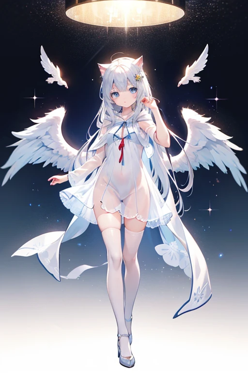 small anime characters White hair with white wolf ears Has a white wolf tail, wears glasses, has angel wings, and wears a swimsuit.