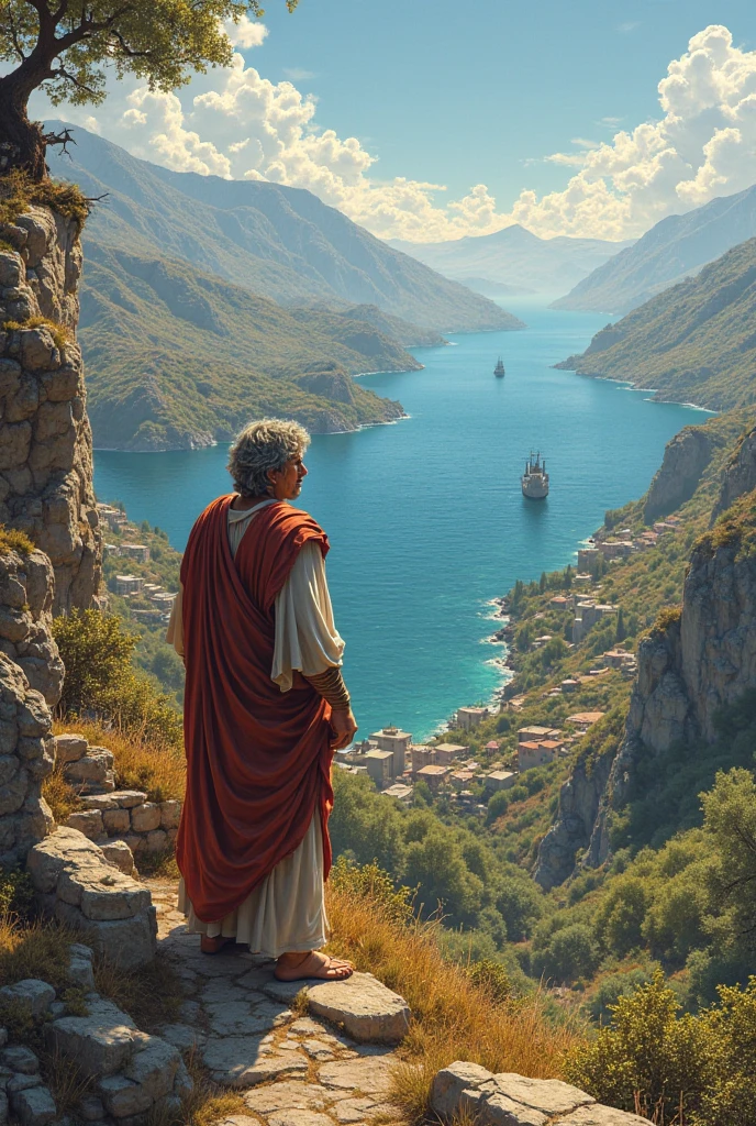 Oil painting on canvas in the style of artist Zoya Cherkasskaya-Nnadi., inspired by artist Rob Gonsalves, An ancient Roman senator goes on vacation to the Yellow Sea and brings his work with him., a high resolution, high contrast, Mixing styles