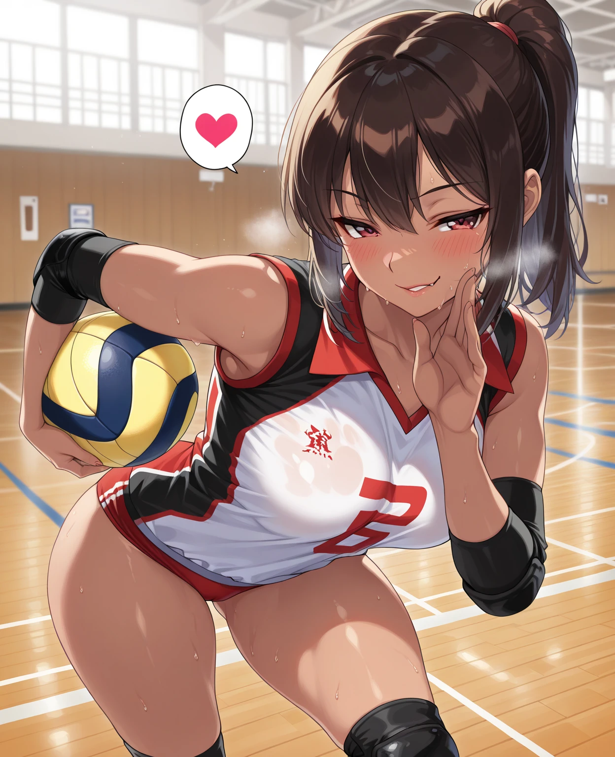 unity 8k wallpaper, anatomically correct, (((masterpiece))), (((best quality))), (((ultra detailed))), (((high-resolution))), ((Ultimate cutie)), perfect hands, perfect finger, (((good anatomy))), detailed beautiful face, shiny hair, (((gyaru))), (potbelly), (curvy), medium breasts, ((Thick thighs)), (((solo))), ((seductive smile)), (((blush))), (Eyes are heart marks), (heart shaped pupils), ((trembling)),
BREAK, (((sit astride the perfectly spherical shape 6-inch volleyball))), (((Straddling a perfectly spherical 6" volleyball))), (((Perfectly spherical 6" volleyball fits perfectly crotch))), BREAK, (((Rub the Perfectly spherical 6" volleyball against crotch))), (masturbation),
BREAK, adidas, (Collared volleyball uniforms), sleeveless, ((buruma)), ((kneepad)), ((pussy juice stained)), (elbow pad), (((sweat))), (((covered in sweat))), ((deep breathing)), in Volleyball Court, indoor, lighting, looking at viewer, full body, (spoken heart)