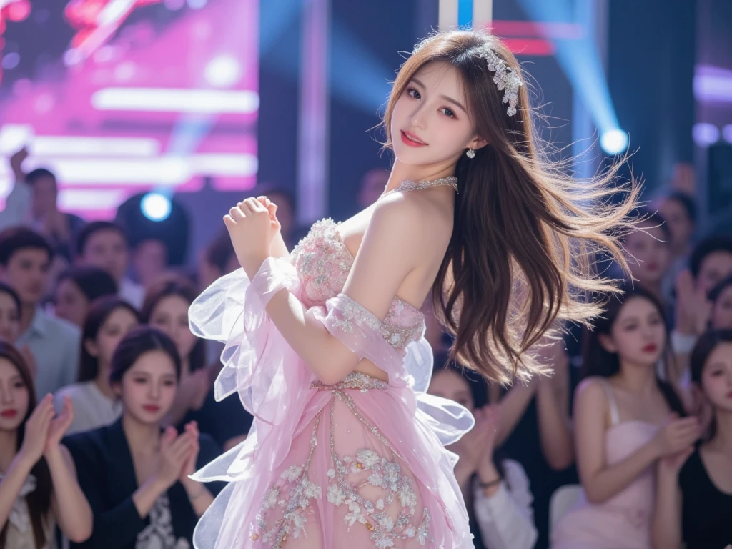 (High level image quality、high quality、High resolution、detailed、masterpiece), shikamimi, Photographed with canon eos 5d, Purple Red Outfit、17 years old、rorish, perform on stage, concert photos, cute core、(((watching the audience)))、Very beautiful and beautiful female idol, (round face、big eyes、drooping eyes)、singing at live stage , singing scene, dress scene, ((Brightly colored clothing)), Warm light、(anatomically correct)、(perfect body proportions)、