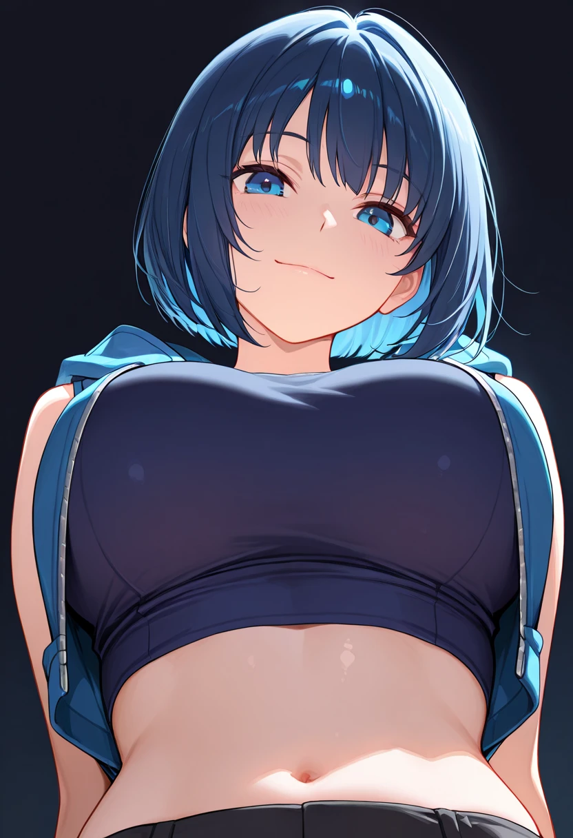 best quality, highly detailed, masterpiece, ultra-detailed, 
(gym:1.2),
1girl, rinko-iori, wide hips, low ponytail, cowboy shot, blue eyes, yoga pants, sports bra, covered nipples, open mouth, steaming body, large breasts, 
(covering eyes:1.4),
standing,