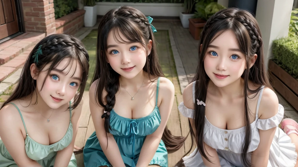 ( 3 girls),smile、Look into the camera、Diamond necklace、long hair braid (Chest island dress), exposed upper arms、Blue-green striped knee-length socks Extra long twin tail hair、close range shooting、Flower Hair Ornaments、Blindfold、Garter、 Masterpiece, Highest quality, 8ก, beautiful girl, young face、 photography, Cute face, thigh,waterfall,、รอยsmile、small waist,(((The chest is erect.:1.0)))(((round chest:1.0)))(((big breasts:1.2)))