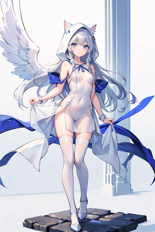 best quality,ultra detailed,extremely detailed and beautiful,perfect anatomy,perfect hands,(amane kanata)+++, angel, angel_wings, asymmetrical hair,silver hair,mesh (blue), very long hair, two side up,flat chest,(black frill dress)+,black gloves, (white jacket)+++,opened jacket,asymmetrical legwear,half undressed,(contemptuous,disdain),(areola,one breast out:1.3),(Lift up shirt one hand:1.1),