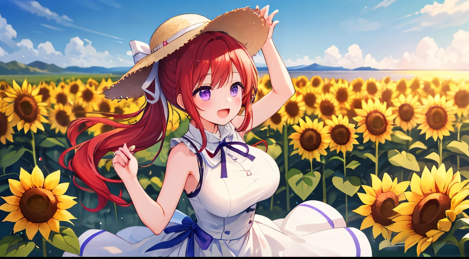 one girl、red hair with drills、ponytail、Purple eyes、big breasts、beautiful、 lori、white sleeveless、The girl in a dress in a straw hat with a white ribbon、is singing cheerfully while dancing songs in a sunflower field with a view of the ocean