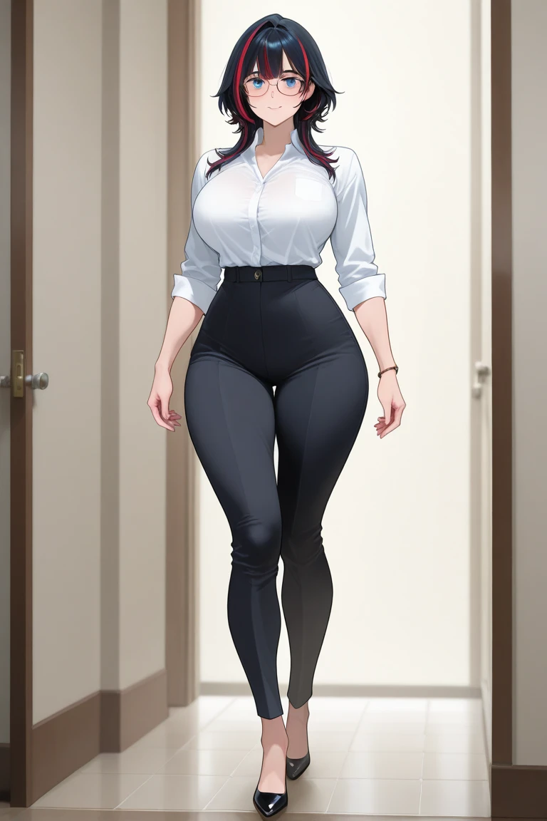 high détail, dressing (tight neckline shirt:1.2), beautifull detailed face, hazel eyes, (attractive young woman:1.3), (seducer:1.1), (blushful:1.1), Hourglass body shape, short full skirt in shiny silver latex, big round breasts, Broad Hips,a big cleavage, belly sample,