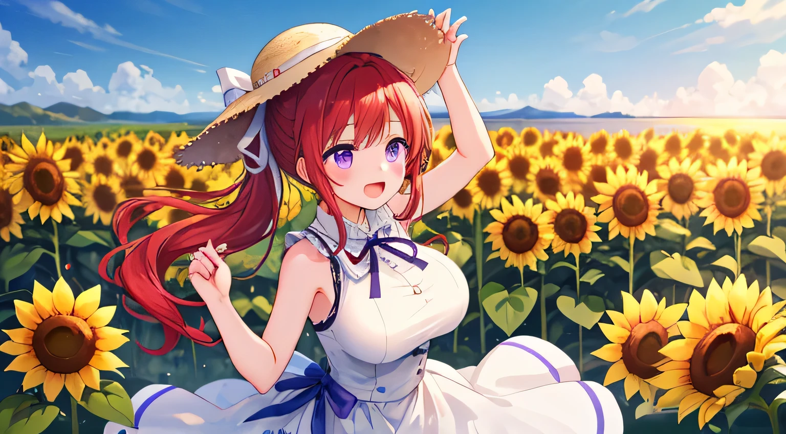 one girl、red hair with drills、ponytail、Purple eyes、big breasts、beautiful、 lori、white sleeveless、The girl in a dress in a straw hat with a white ribbon、is singing cheerfully while dancing songs in a sunflower field with a view of the ocean