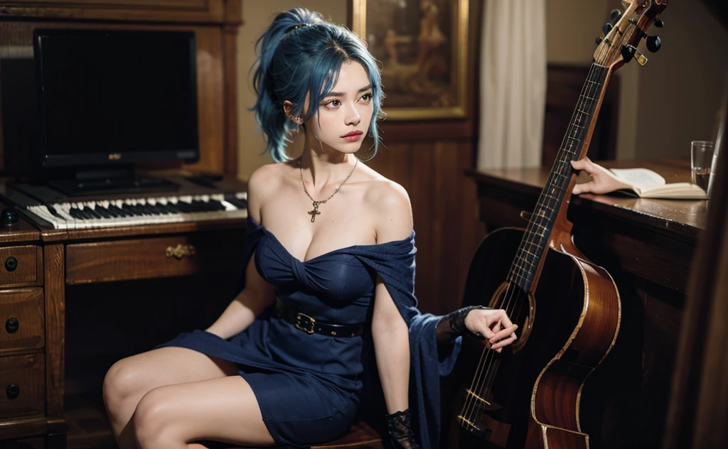 masterpiece, best quality, <lora:yelan:1>1girl, yelan (genshin impact), solo, breasts, green eyes, sitting, cup, short hair, gloves, high heels, looking at viewer, bangs, bare shoulders, jewelry, white jacket, blue hair, white gloves, chair, thighhighs, blue dress, holding, fur trim, dress, bob cut, dice, jacket, earrings, jacket on shoulders, holding cup, full body, indoors, sleeveless, multicolored hair, mole on breast, cleavage, diagonal bangs, smile, white background, medium breasts, black thighhighs, fur-trimmed jacket, drinking glass, table, thighs, mole, parted lips, white coat,<lora:80year03:0.6>