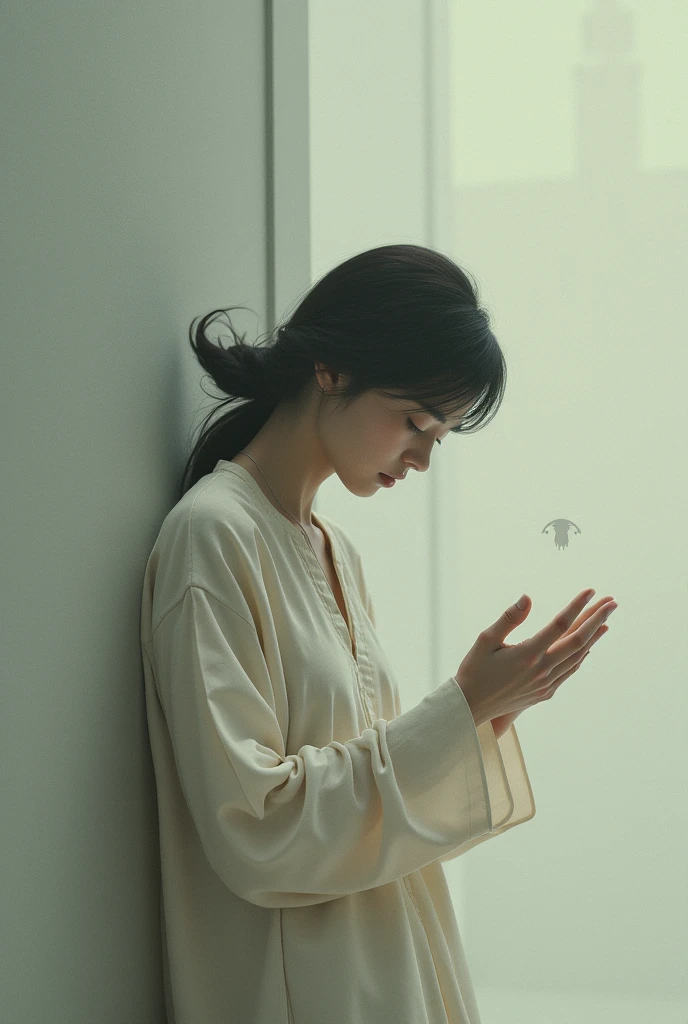 A corner of a room with a bold plain gray color concept. In the corner, a young Korean woman leans against the wall, looking upward, with her right hand raised as if reaching for something. She wears a long shirt, The photo is taken from the side, realistic style.