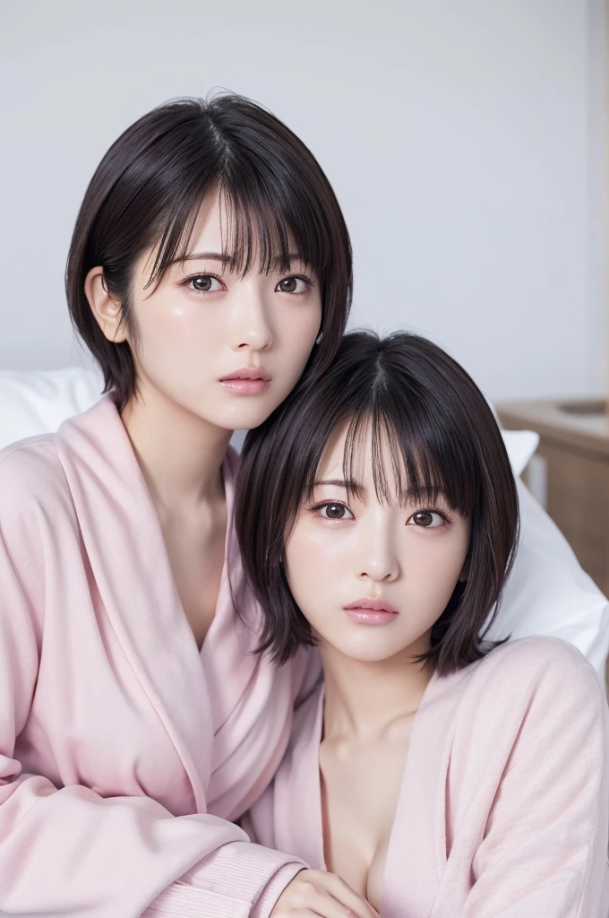 Best-quality, Masterpiece, Ultra-High-Resolution, (Photorealistic:1.4), Raw-Photo, 1girl and 1woman, 1girl is the most famous Japanese idol and 15-years-old, 1woman is the most famous Japanese actress and 30-years-old, ((both having lesbian-sex):1.5)