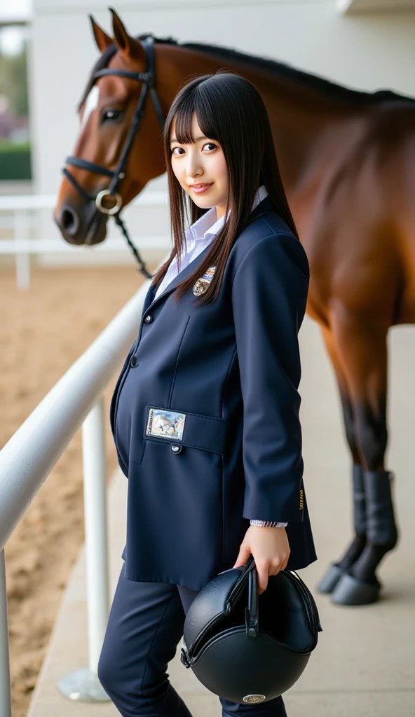 (realistic, photo-realistic:1.4), (extremely detailed 8k wallpaper), bokeh, detailed beautiful eyes and skin, (Image from thighs to head:1.3), (Japanese idol:1.3), 25yo, beautiful woman, smile, (large breast:1.3), full body,
Navy blue equestrian attire with white accents, Confident, Horse stable with neatly arranged grooming tools, Riding helmet,
