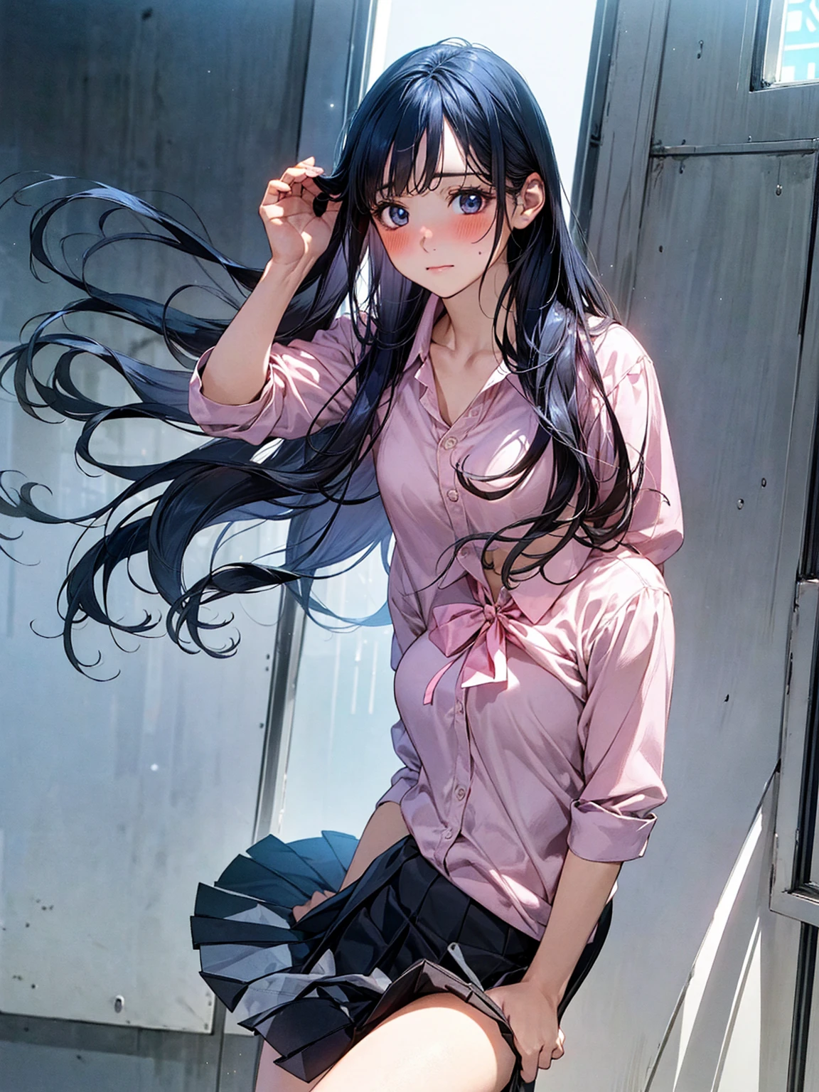 Aiko has long, straight dark blue hair that reaches her waist., large, bright emerald green eyes and a medium height. She usually wears her , but is also seen wearing smart casual clothes outside of school. Always wear a necklace with a star-shaped pendant, a gift from your grandmother.