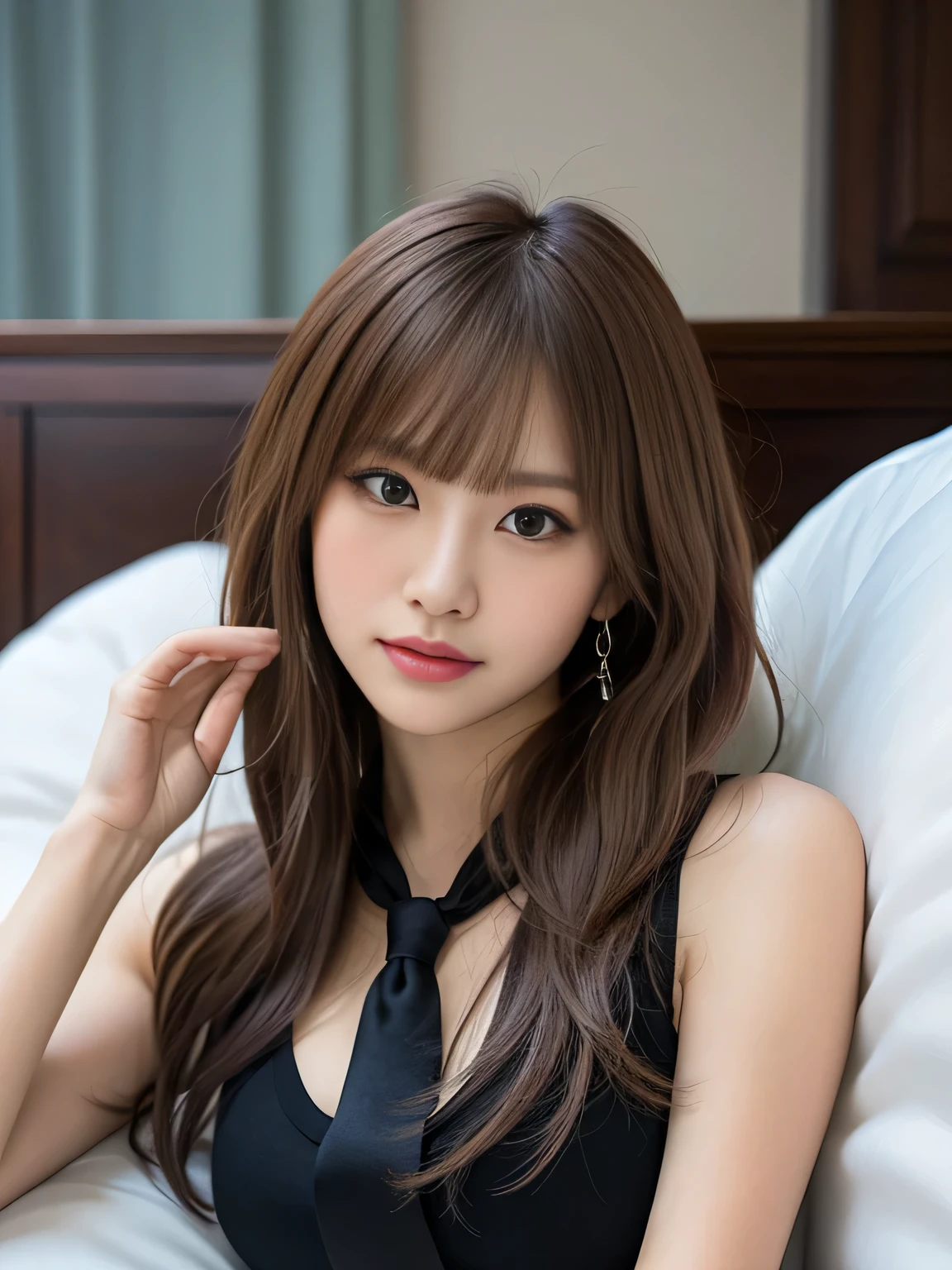 Cute Japanese high school student lying in bed, model-like appearance, whole body, gyaru style, wearing a School Uniform with navy blue ribbon, (uneven bangs with brown ashhair:1.3), Attractive smile, lying on back, from above, (elegant posture, soft and feminine pose), realistic skin texture,dim light, dark color tones, low key lighting, moody atmosphere, radiant skin, ethereal aura, subtle highlights, realistic lighting, highly detailed, high resolution, soine