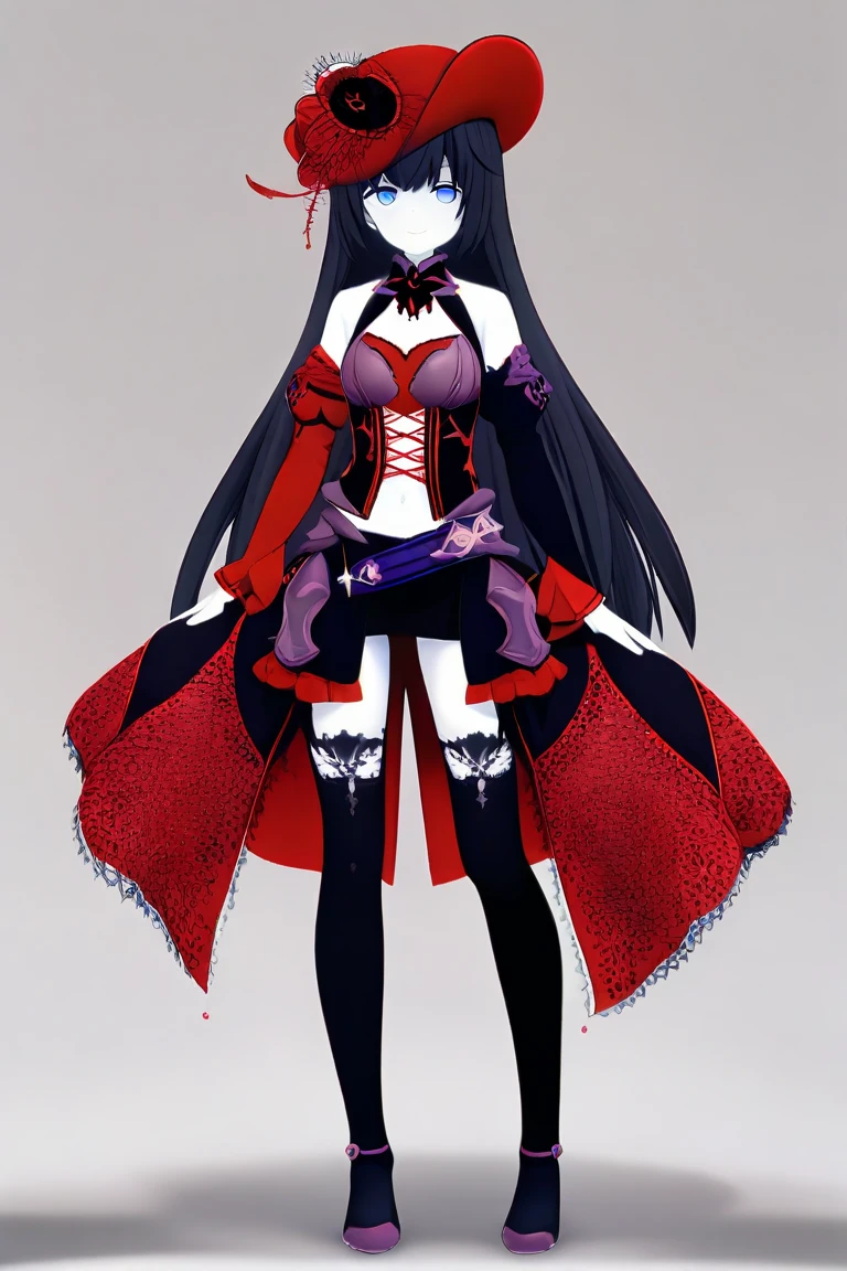 (red victorian dress(transparent:1.3):1.0), Top frilled dress, Purple blue heterochromia, masterpiece, best quality, Long hair, (Purple red gradient hair), Small breasts, very thin, (Black veil (transparent:1.5)), (Long hair (small tails)), Tiara, (Wide sleeves (transparent:1.5)), (Stockings (Frilled))