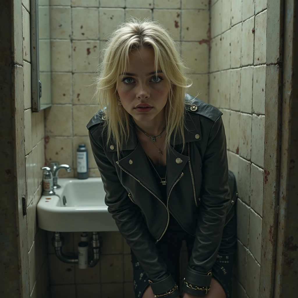 woman scary restroom angry sits on toilet bloody