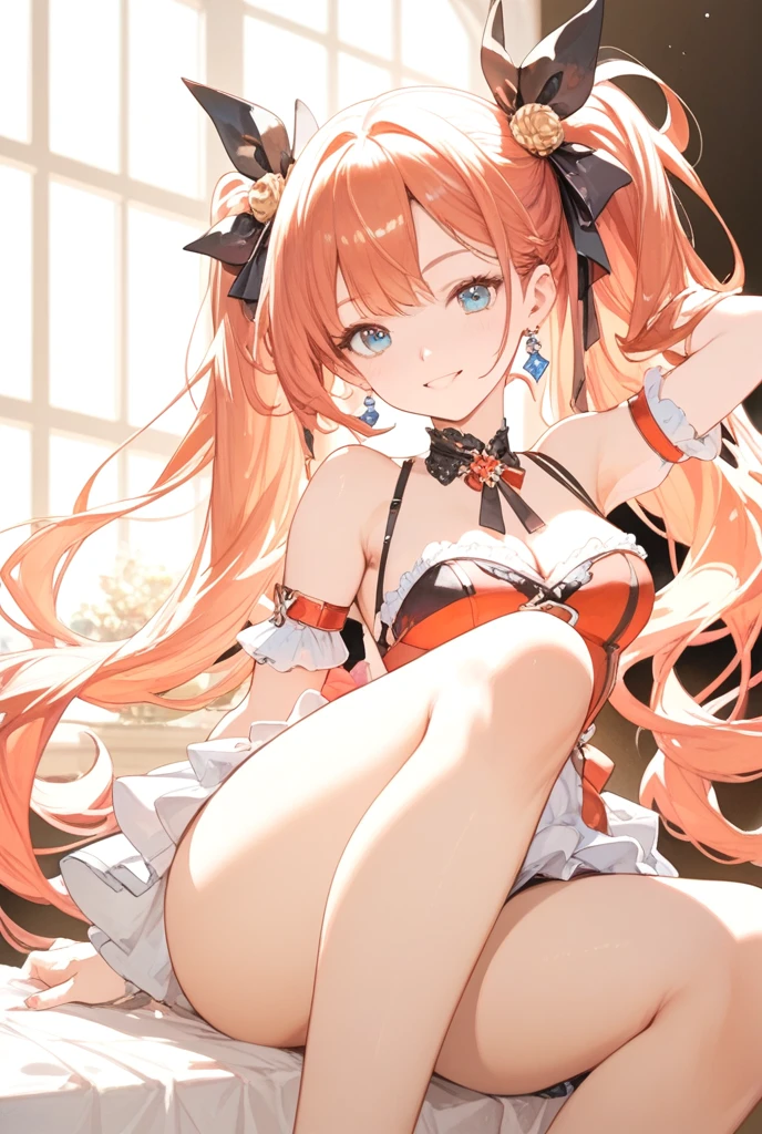 anime girl in red lingerie sitting on the ground, seductive anime girl, small curvy , anime moe artstyle, beautiful anime girl squatting, sexy pose, anime girl, commission for high res, made with anime painter studio, lolime red, pixiv 3dcg, various pose, highres, thicc, oc commission, anime pose, tied with a red ribbon , dark red hair, blue eyes, The animal's ears point downwards, Perfect hand, big breast, big breasts