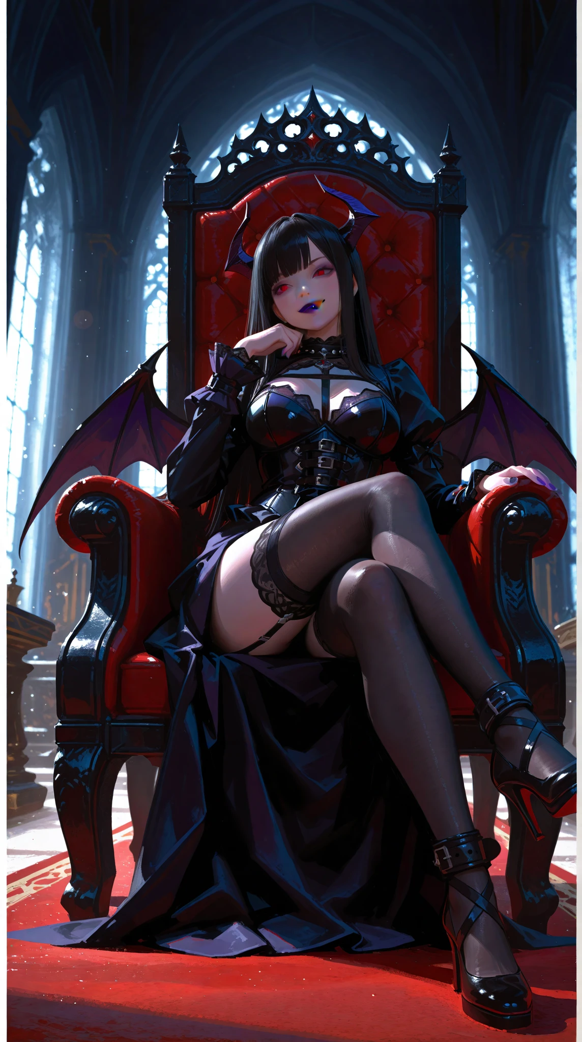(Dark atmosphere,Gothic Fashion,Bright colors),(Highest quality,Super exquisite item,),Large Breasts,Sexy Goth Vampire Girl,In the rose garden at night,Beautiful and delicate eyes,Black straight ponytail with blue tip,Crow's feathers,Red lipstick,Mysterious Smile,Pale complexion,Fishnet tights,Black lace dress,Pointed toes give off a sexy aura,The moonlight illuminates her elegant silhouette,Soft shadows and soft highlights,Contrasting colors create a lively atmosphere,A dark and muted color palette,Subtle yet dramatic lighting effects,A combination of solemn darkness and beautiful moonlight, She is tall and mature,Sit on a chair and cross your legs,Red underwear
