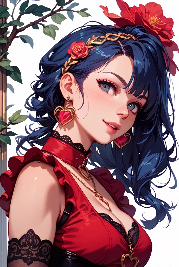 She is a pearl blue with dark red lips who wears a scarlet dress with a bright orange collar and flowers. SPARKLE; GLITTER