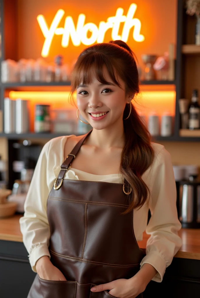 (highest quality、Tabletop、8k、Best image quality、Award-winning works)、Woman working in a café、(The perfect brown apron:1.2)、(Standing elegantly in a cafe:1.1)、(A classy shirt and apron:1.1)、(Big Breasts:1.1)、(Accentuate your body lines:1.1)、Beautiful woman portrait、The most elegant and cozy cafe、The most natural cafe, Perfectly organized、(The moodiest warm lighting:1.1)、(The most romantic atmosphere:1.1)、Stylish and elegant cafe、Strongly blurred background、Look at me and smile、(Accurate anatomy:1.2)、Ultra high resolution perfect beautiful teeth、Ultra-high definition beauty face、Ultra HD Hair、Ultra HD The Shining Eyes、The Shining, Super high quality beautiful skin、Super high quality glossy lip