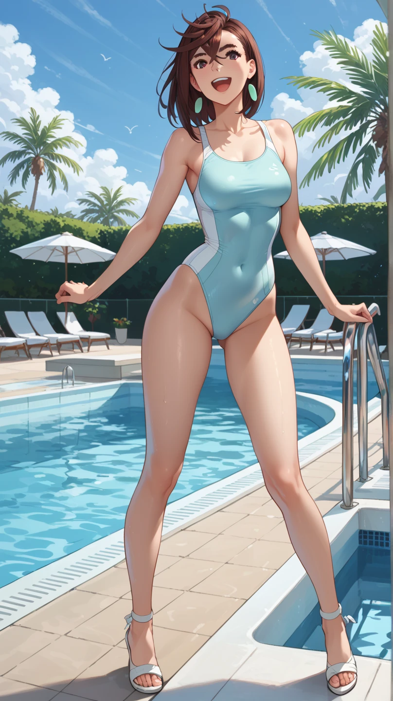 A barefoot, full-body figure standing with both feet together on the grass、Shortcuts、cute、20-year-old、Japanese、Big ,(Underboob:1.1)、White sexy micro swimsuit、Tight swimsuit。Plump、Narrow waist、(Viewpoint from below 1.3)、Swimsuit bite、Nipples