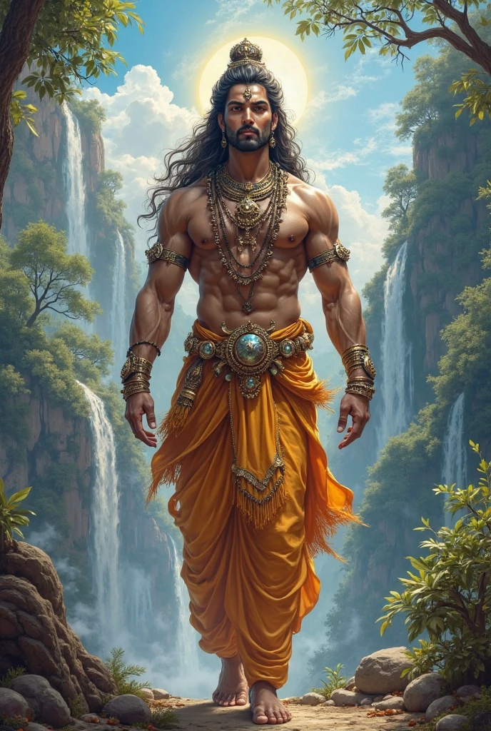 ((best quality)), ((masterpiece)), (detailed), lord shiva sitting at the top giving blessings upon the land, lush grass with flowing river beautiful, lord hanuman sitting at the bottom giving blessings with gord. Realistic, life like , amazing , sun rise , with mountains and lush forest in the background, shiva is sitting cross legged. With Cresent on the head. Cobra sitting with shiva , add a trident in shivas hand upright on his left hand. On the right hand shivas blessings must be given with sun rays