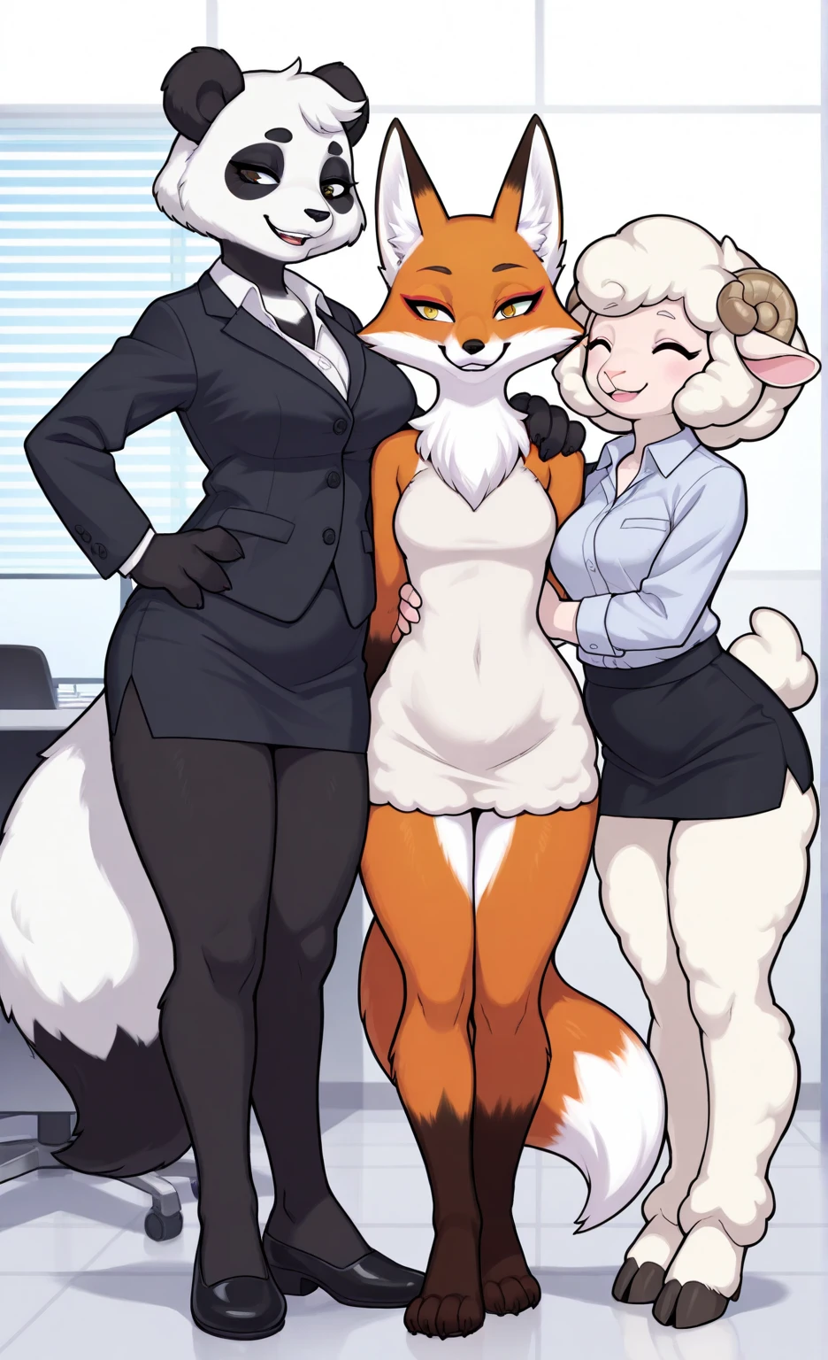 score_9, score_8_up, score_7_up, score_6_up, score_5_up, score_4_up, (four girls), female anthro hyena, secretary clothes, skirt, lusty, fluffy body, long blond hair, turquoise eyes, (thick thighs:1.5)((( offering the breasts))) sex partial clothes, (((cleavage))) semi-butonned uniform niform, (barely_visible_booba) (she is standing) , giant breasts, garter belt tights 