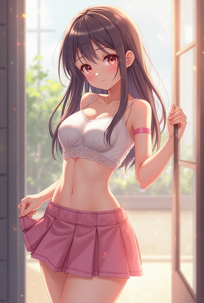 ((((highest quality)))), (((Ultra-precision CG 16K))), (((masterpiece))), (((Very detailed))), (((Extremely detailed))), (((Black outline:1.3, Written boundary depth:1.3 , Written soft outline))), Maximum clarity and sharpness,Multilayer Texture, Surface Shading, Cinematic lighting, Beautiful details sparkle ,Perfect Proportions, Limited to three woman, BREAK accurate, Anatomically correct, Highly detailed face and skin texture, drawn in detail, Highly detailed facial and skin texture, Detailed eyes, beautiful hair, Beautiful Japanese Idol face, Beautiful and beautiful eyes, Beautiful body, Beautiful breasts, Beautiful thighs, Beautiful legs, Beautiful fingers, (Beautiful views) , skinny body, ((Beautiful Skin)), ((Skin Texture)) , solo, limited one girl BREAK breast enlarged, medium Breasts, rocket breasts, (((perky breasts))), ((covered nipples)), slender waist, (smiling , narrow eyes, brown eyes, blush, determined expression, hot, sweaty , Heavy breathing,) BREAK ((streaked hair, hair intakes, colored inner hair, several hairstyles )) BREAK (((wearing oversized character printed tank top, wearing Jersey in a casual way, wearing pleats mini-skirt , breasts is covered by outfit))) , wearing earrings, BREAK ((( a woman in the bedroom, sleeping face down on the bed, looking at viewer, bust up, cowboy shot, from front , from below ))),