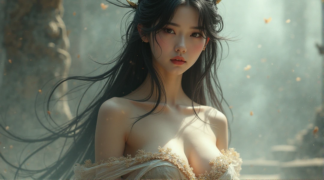 (Raw photography、Best quality at best)、(Realstic、photorealestic:1.3)、A masterpice、an extremely delicate and beautiful、The highly detailed、FB、Unity、2k wallpaper、astonishing、finelydetail、lightl smile、Highly detailed ticker Unity 8k wallpaper、huge filesize、ultra detaild、high resolucion、absurdist、Soft light、Medium Hair、short bang、black hair、Floating hair NovaFrogStyle、beautiful detailed girls、detailed finger、hyper-detailed eyes and face、 beautiful detailed nose, Beautiful detailed eyes, long eyelash, Light on the face, looking the viewer, Mouth closed, 1girls, a Pretty, jung, Mature Face, Whole human body, smalll breasts, lifelike face, Realistic body, Beautiful detailed thighs